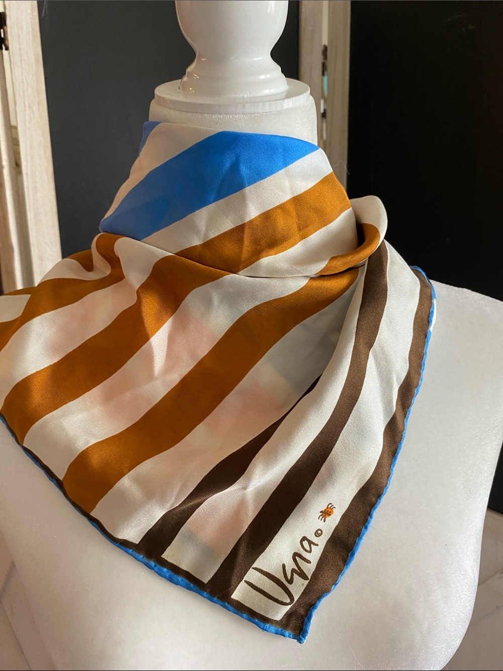 Vintage Vera Neumann , ladybug logo, silk scarf, brown blue, and orange